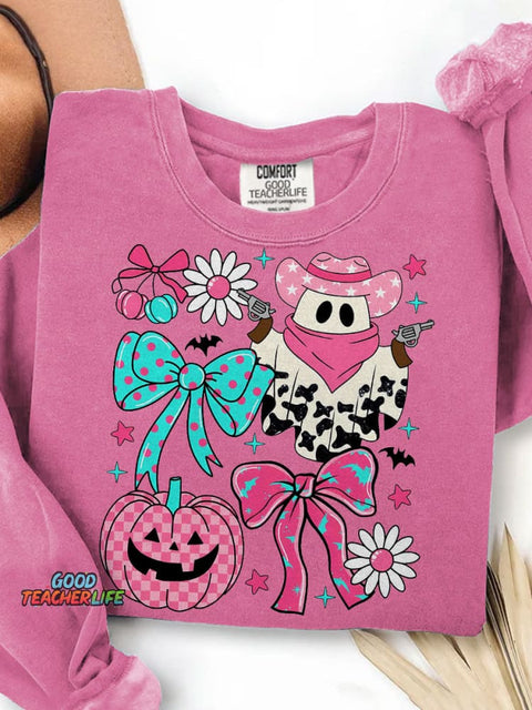 Pink Cowboy Ghost Coquette Preppy Western Halloween Print Casual Sweatshirt