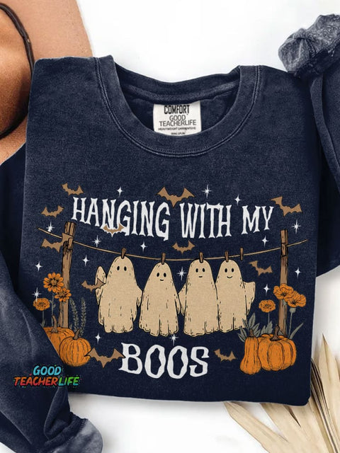 Halloween Ghost Hanging with My Boos Print Casual Sweatshirt