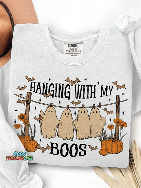 Halloween Ghost Hanging with My Boos Print Casual Sweatshirt