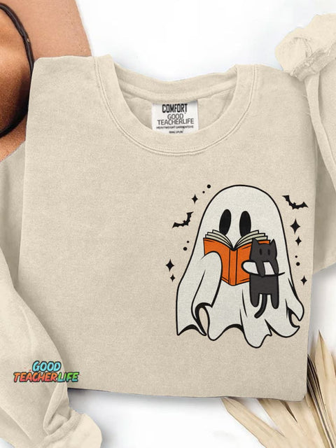 Cute Ghost Reading Book Spooky Season Black Cat Halloween Print Casual Sweatshirt