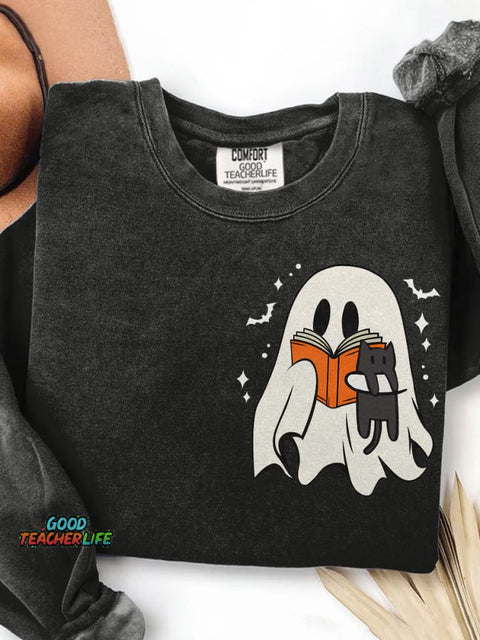 Cute Ghost Reading Book Spooky Season Black Cat Halloween Print Casual Sweatshirt