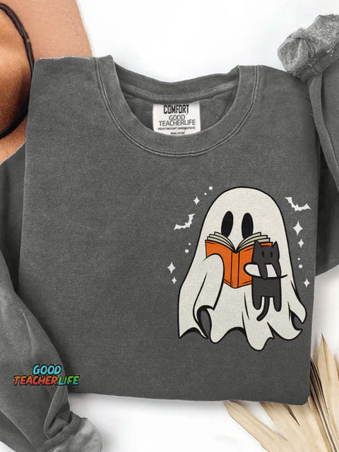 Cute Ghost Reading Book Spooky Season Black Cat Halloween Print Casual Sweatshirt