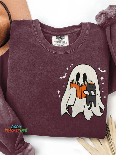 Cute Ghost Reading Book Spooky Season Black Cat Halloween Print Casual Sweatshirt