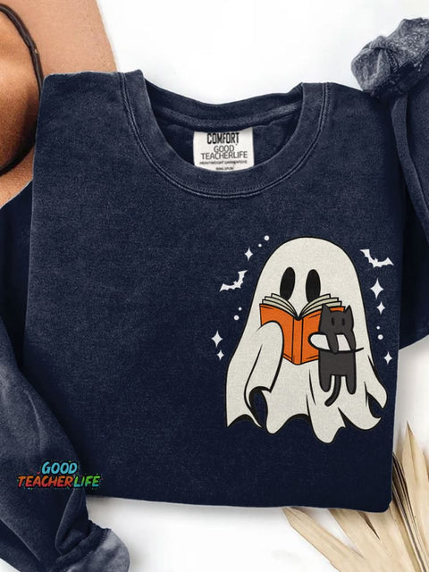 Cute Ghost Reading Book Spooky Season Black Cat Halloween Print Casual Sweatshirt