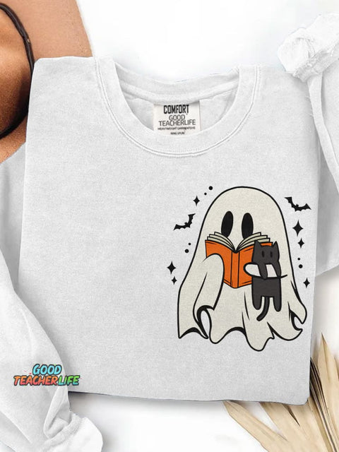 Cute Ghost Reading Book Spooky Season Black Cat Halloween Print Casual Sweatshirt