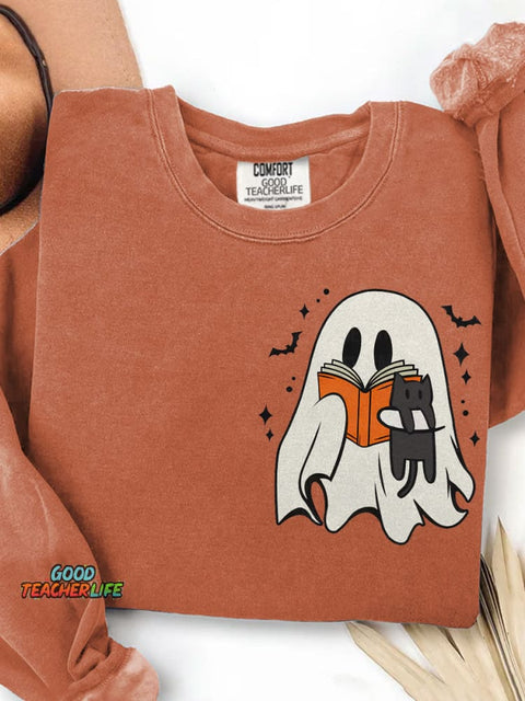 Cute Ghost Reading Book Spooky Season Black Cat Halloween Print Casual Sweatshirt