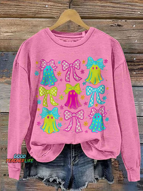 Halloween Ghost Neon Preppy Halloween Cute Boo Ghost Coquette Print Casual Sweatshirt
