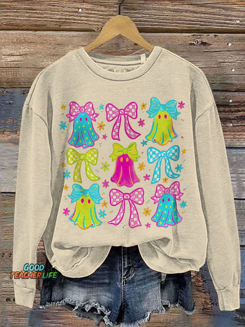 Halloween Ghost Neon Preppy Halloween Cute Boo Ghost Coquette Print Casual Sweatshirt