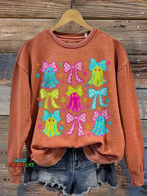 Halloween Ghost Neon Preppy Halloween Cute Boo Ghost Coquette Print Casual Sweatshirt
