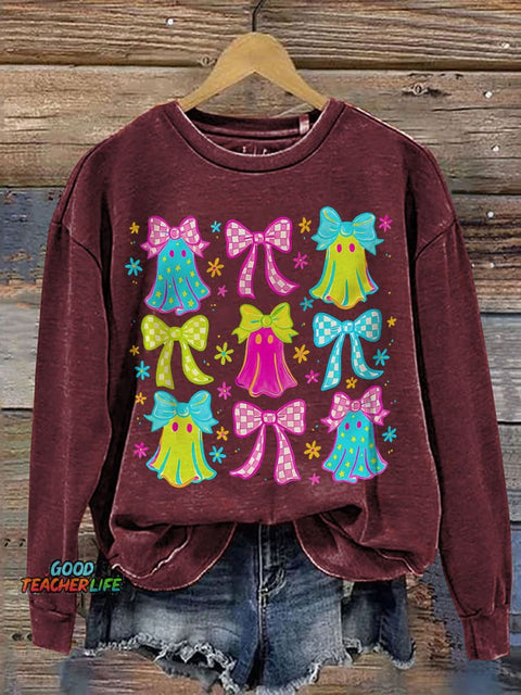 Halloween Ghost Neon Preppy Halloween Cute Boo Ghost Coquette Print Casual Sweatshirt