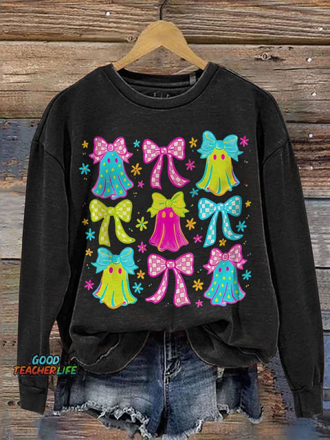 Halloween Ghost Neon Preppy Halloween Cute Boo Ghost Coquette Print Casual Sweatshirt