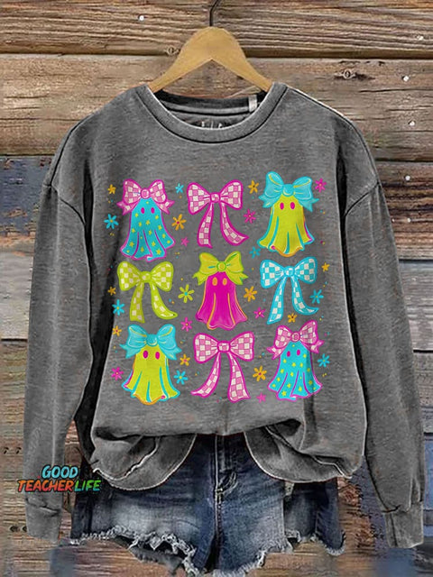 Halloween Ghost Neon Preppy Halloween Cute Boo Ghost Coquette Print Casual Sweatshirt
