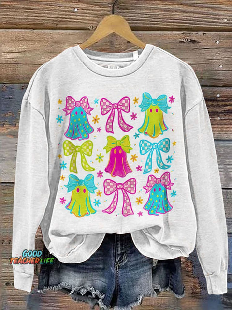 Halloween Ghost Neon Preppy Halloween Cute Boo Ghost Coquette Print Casual Sweatshirt