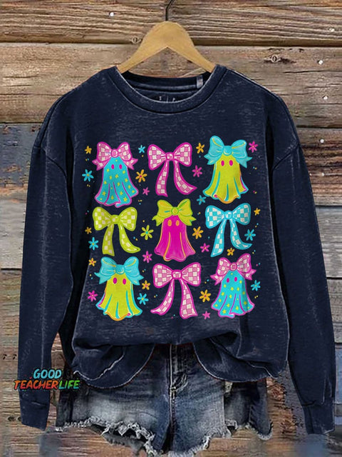 Halloween Ghost Neon Preppy Halloween Cute Boo Ghost Coquette Print Casual Sweatshirt