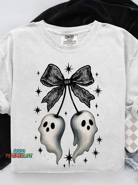 Ghost Bow Cute Halloween Spooky Black Lace Bow with Floating Ghosts and Stars Art Casual Print T-shirt