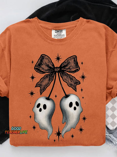 Ghost Bow Cute Halloween Spooky Black Lace Bow with Floating Ghosts and Stars Art Casual Print T-shirt