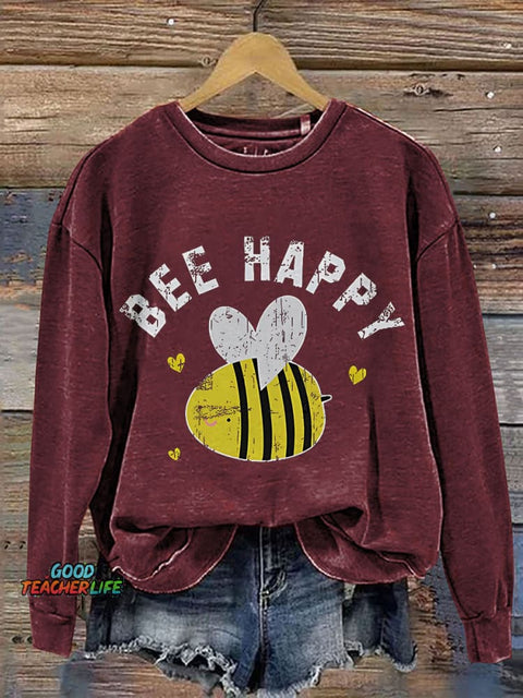 Cute Bee Bee Happy Teacher Print Casual Sweatshirt