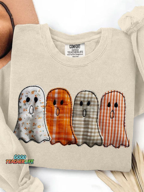 Preppy Floral Ghost Halloween Print Casual Sweatshirt