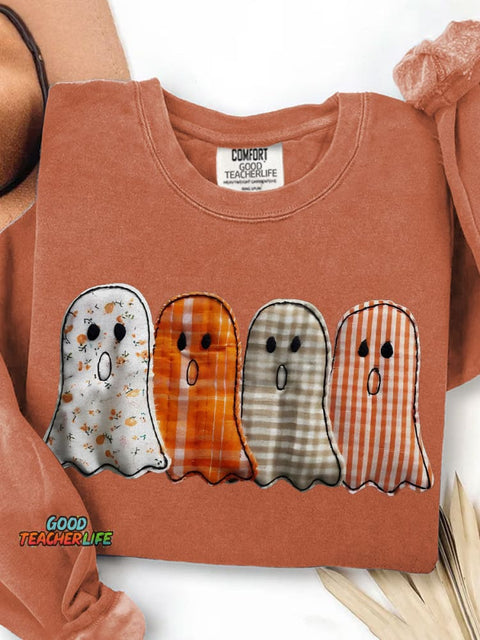 Preppy Floral Ghost Halloween Print Casual Sweatshirt
