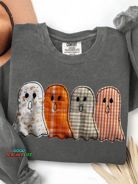 Preppy Floral Ghost Halloween Print Casual Sweatshirt