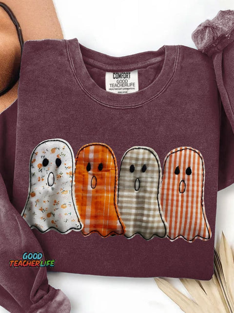 Preppy Floral Ghost Halloween Print Casual Sweatshirt