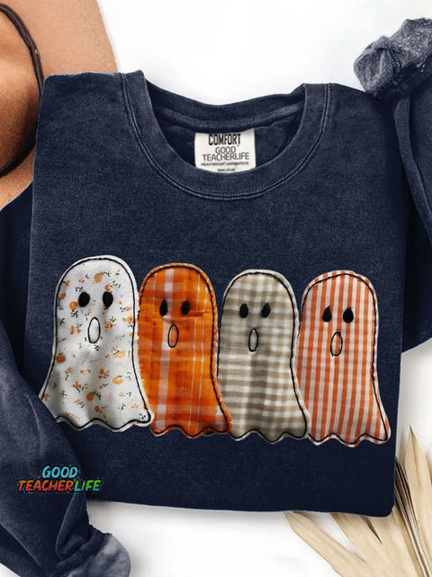 Preppy Floral Ghost Halloween Print Casual Sweatshirt