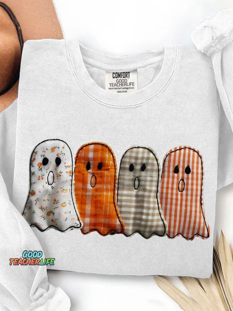 Preppy Floral Ghost Halloween Print Casual Sweatshirt
