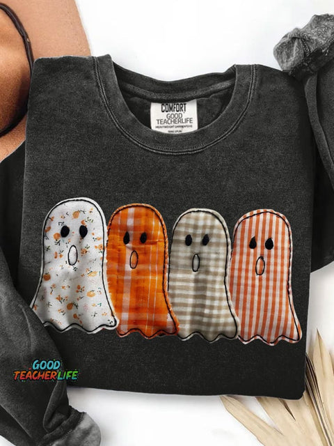 Preppy Floral Ghost Halloween Print Casual Sweatshirt