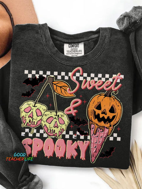 Sweet and Spooky Halloween Trendy Halloween Ice Cream Funny Spooky Season Print Casual Sweatshirt