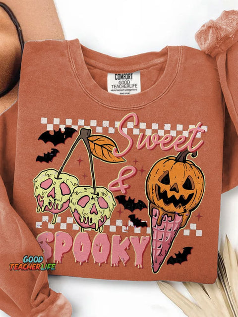 Sweet and Spooky Halloween Trendy Halloween Ice Cream Funny Spooky Season Print Casual Sweatshirt