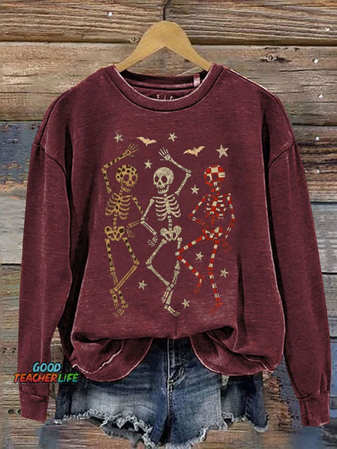 Halloween Dancing Skeletons Retro Skeleton Spooky Season Print Casual Sweatshirt