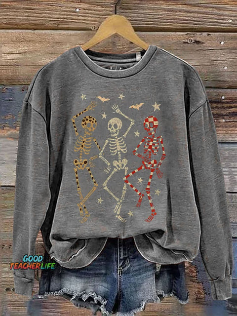 Halloween Dancing Skeletons Retro Skeleton Spooky Season Print Casual Sweatshirt