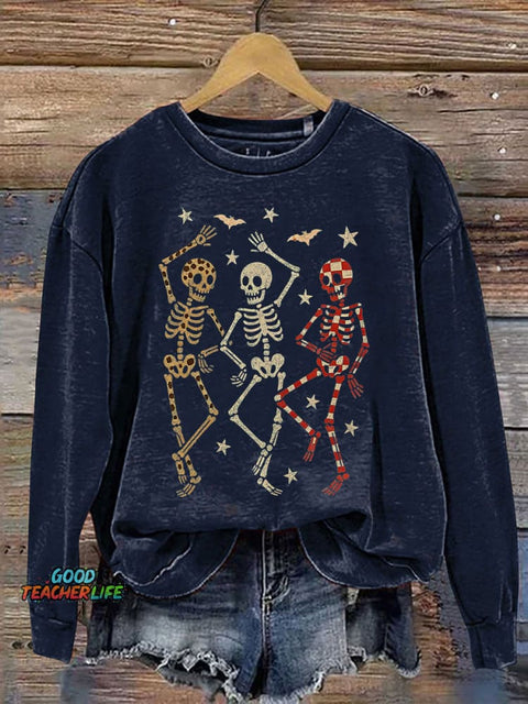 Halloween Dancing Skeletons Retro Skeleton Spooky Season Print Casual Sweatshirt