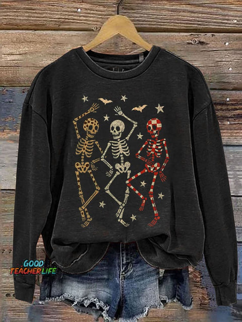 Halloween Dancing Skeletons Retro Skeleton Spooky Season Print Casual Sweatshirt