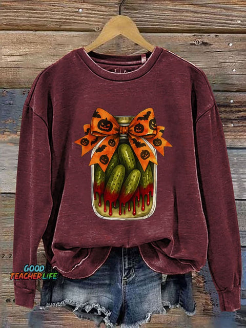 Pickle Halloween Pumpkin Skeleton Print Casual Sweatshirt