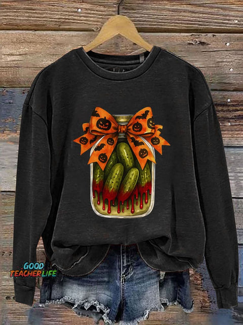 Pickle Halloween Pumpkin Skeleton Print Casual Sweatshirt