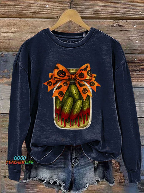 Pickle Halloween Pumpkin Skeleton Print Casual Sweatshirt