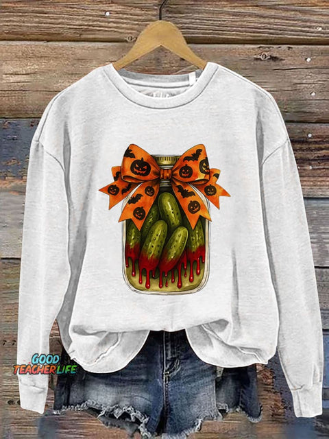 Pickle Halloween Pumpkin Skeleton Print Casual Sweatshirt