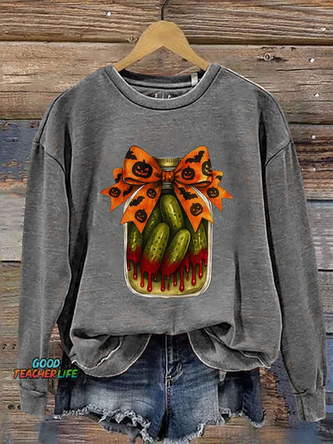 Pickle Halloween Pumpkin Skeleton Print Casual Sweatshirt