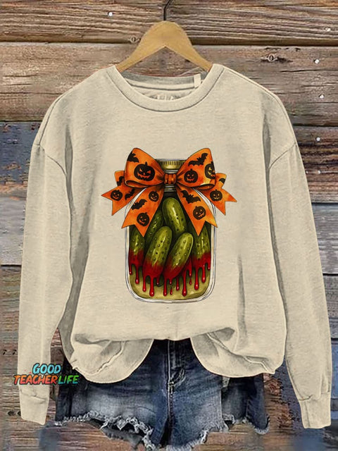 Pickle Halloween Pumpkin Skeleton Print Casual Sweatshirt