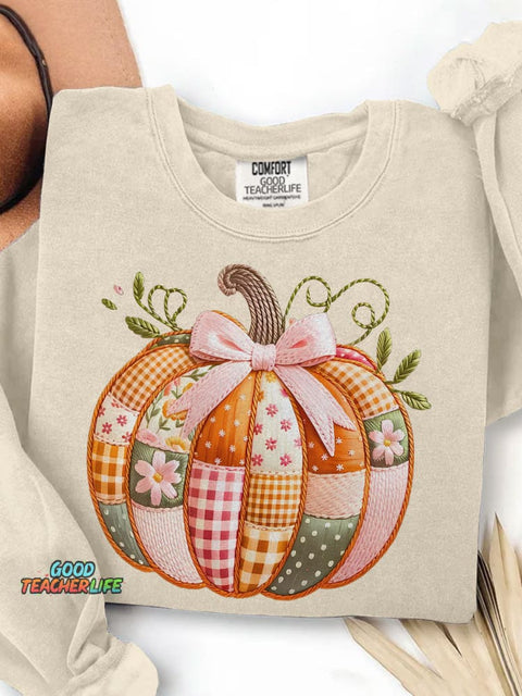 Patchwork Pumpkin Boho Floral Fall Print Casual Sweatshirt