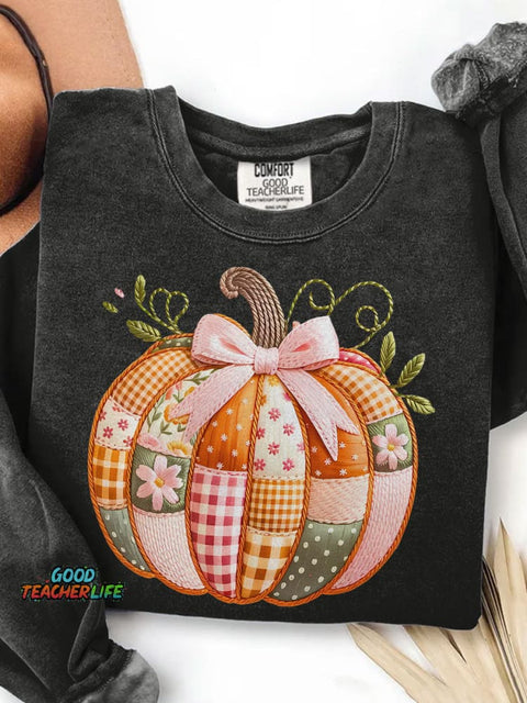 Patchwork Pumpkin Boho Floral Fall Print Casual Sweatshirt