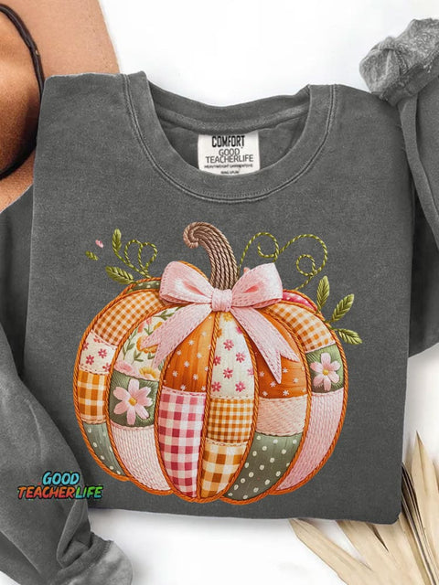 Patchwork Pumpkin Boho Floral Fall Print Casual Sweatshirt