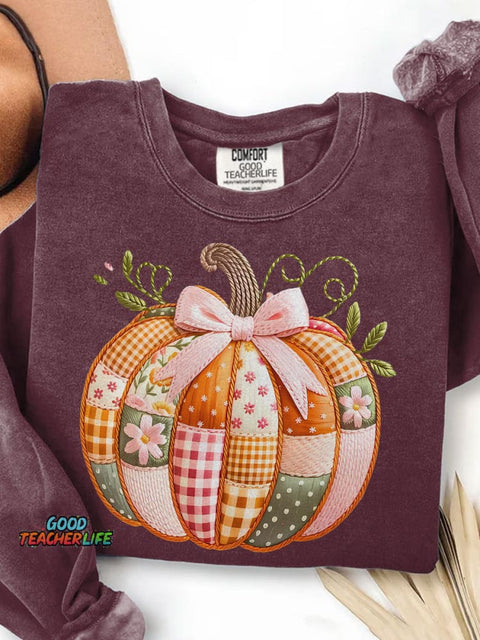 Patchwork Pumpkin Boho Floral Fall Print Casual Sweatshirt
