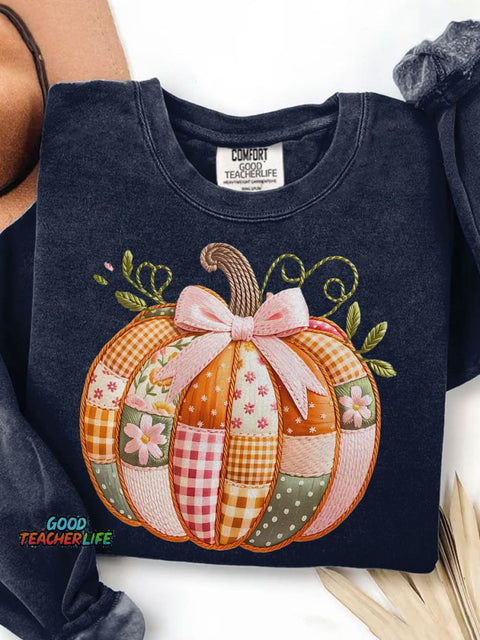Patchwork Pumpkin Boho Floral Fall Print Casual Sweatshirt