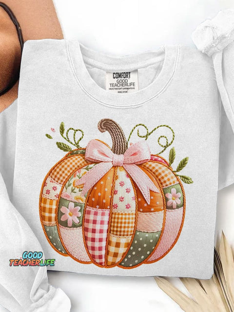 Patchwork Pumpkin Boho Floral Fall Print Casual Sweatshirt