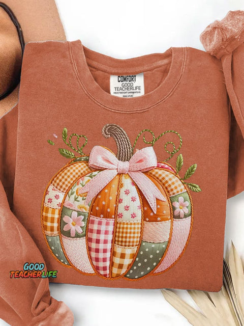 Patchwork Pumpkin Boho Floral Fall Print Casual Sweatshirt