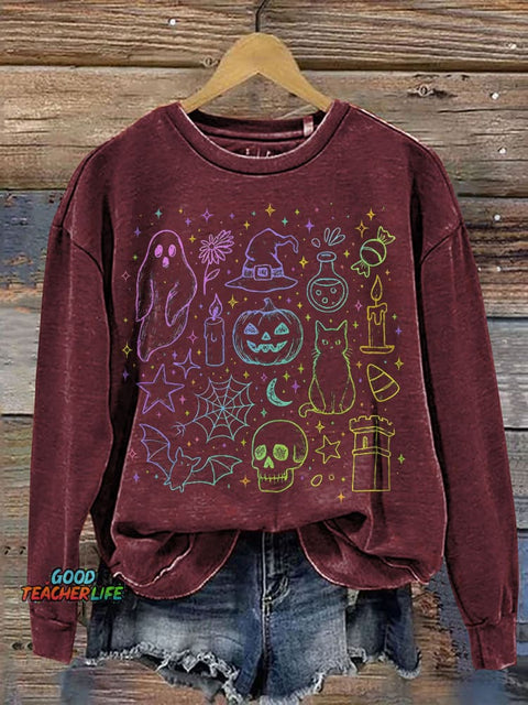 Halloween Neon Cute Boo Ghost Coquette Halloween Spooky Season Print Casual Sweatshirt