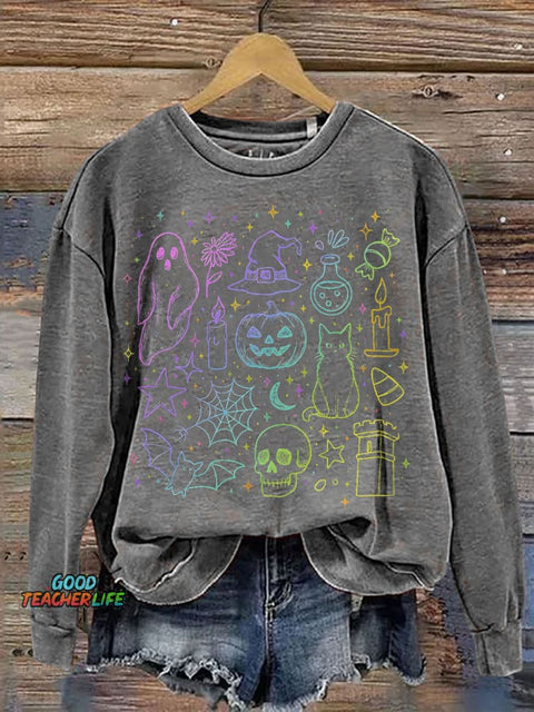 Halloween Neon Cute Boo Ghost Coquette Halloween Spooky Season Print Casual Sweatshirt
