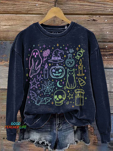 Halloween Neon Cute Boo Ghost Coquette Halloween Spooky Season Print Casual Sweatshirt